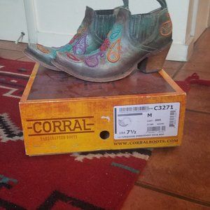 Corral, 7.5 distressed turquoise and brown ankle boots.